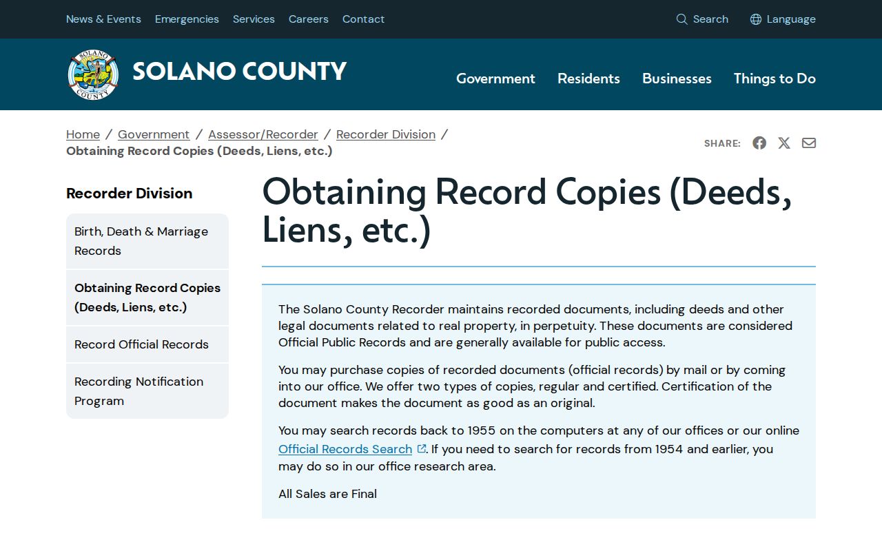 Solano County public records copy request and recorder fee instructions