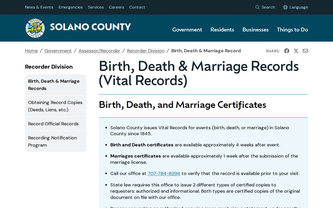 Solano County public records page for birth death and marriage certificates