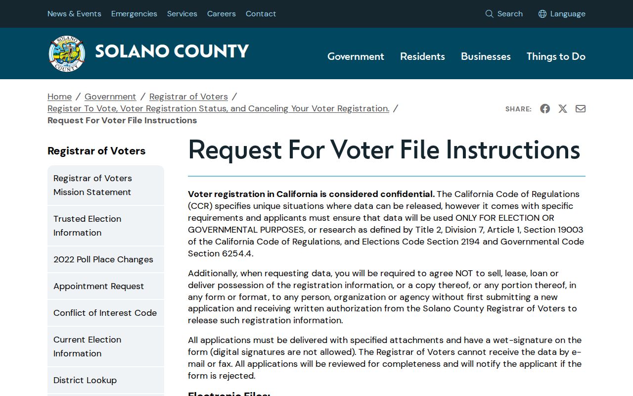 Solano County voter registration file request instructions